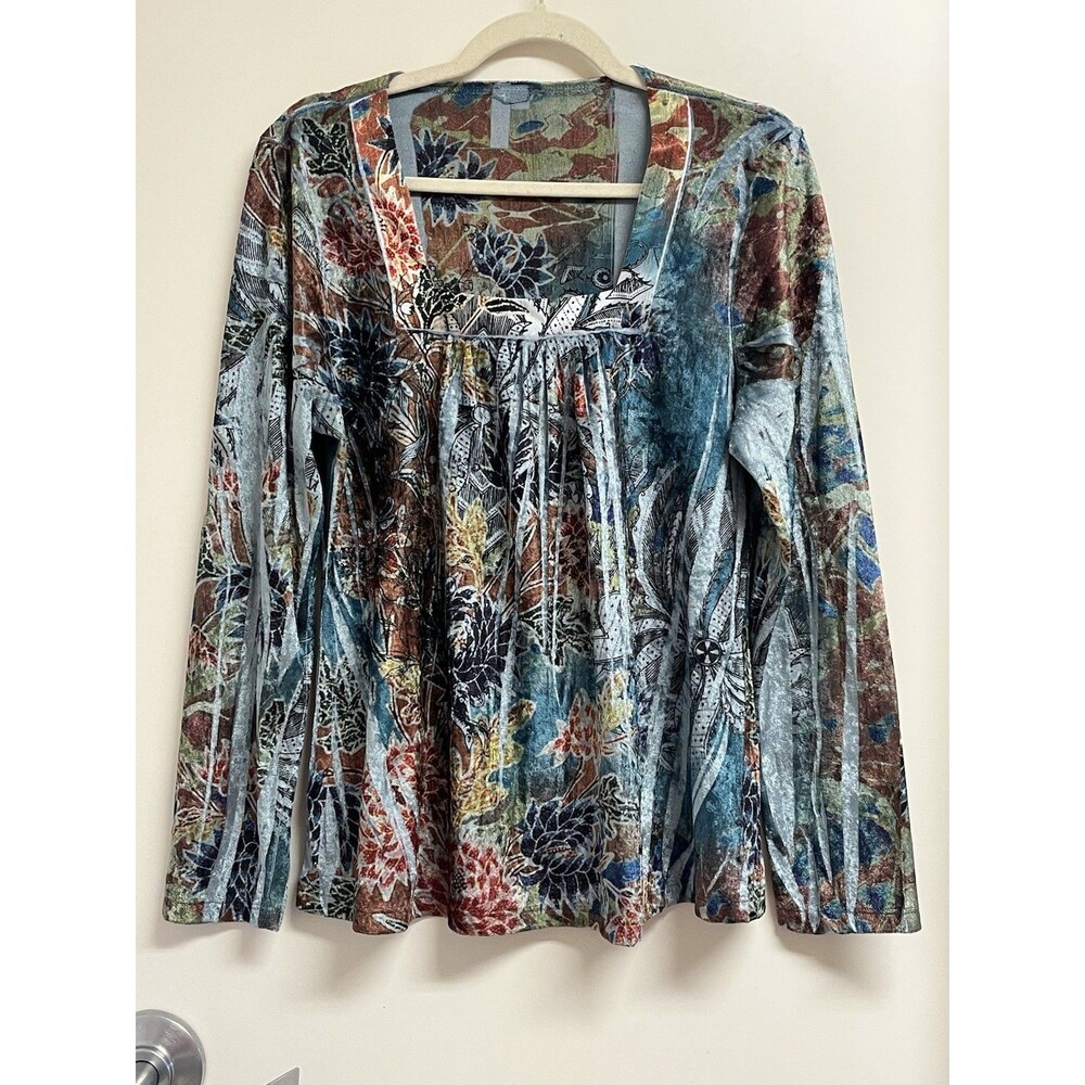 Vintage 90s Y2K Susan Lawrence Velvet Square Neck Blue Top Sz M Fairy Artsy Boho